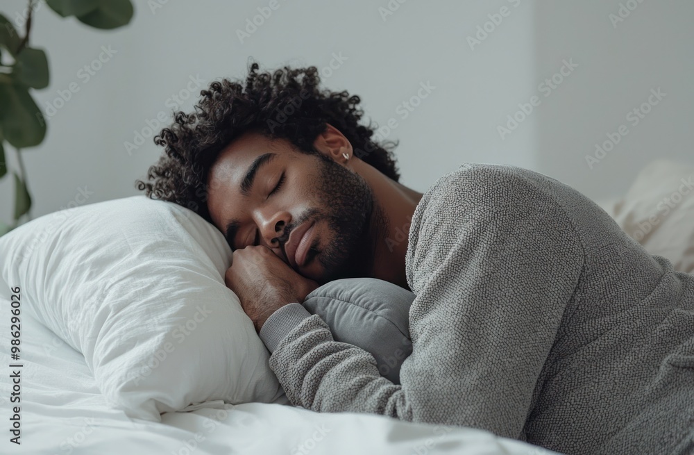 A man is sleeping on his side with a stuffed animal and a pillow. He is wearing gray pajamas with a hood, against a white background. Advertising stock photo. Close-up of both hands holding a pillow A man is sleeping on his side with a stuffed animal and a pillow. He is wearing gray pajamas with a hood, against a white background. Advertising stock photo. Close-up of both hands holding a pillow