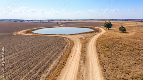 Aerial View of Rural Farmland with Winding Dirt Road and Pond