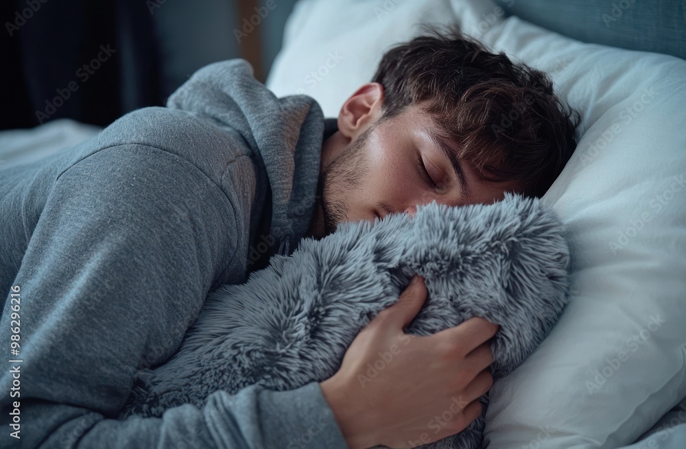 A man is sleeping on his side with a stuffed animal and a pillow. He is wearing gray pajamas with a hood, against a white background. Advertising stock photo. Close-up of both hands holding a pillow A man is sleeping on his side with a stuffed animal and a pillow. He is wearing gray pajamas with a hood, against a white background. Advertising stock photo. Close-up of both hands holding a pillow