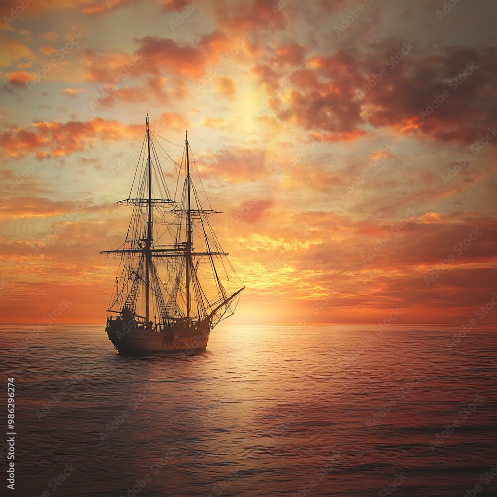 Obraz premium Sailboat at Sunset with Orange Sky