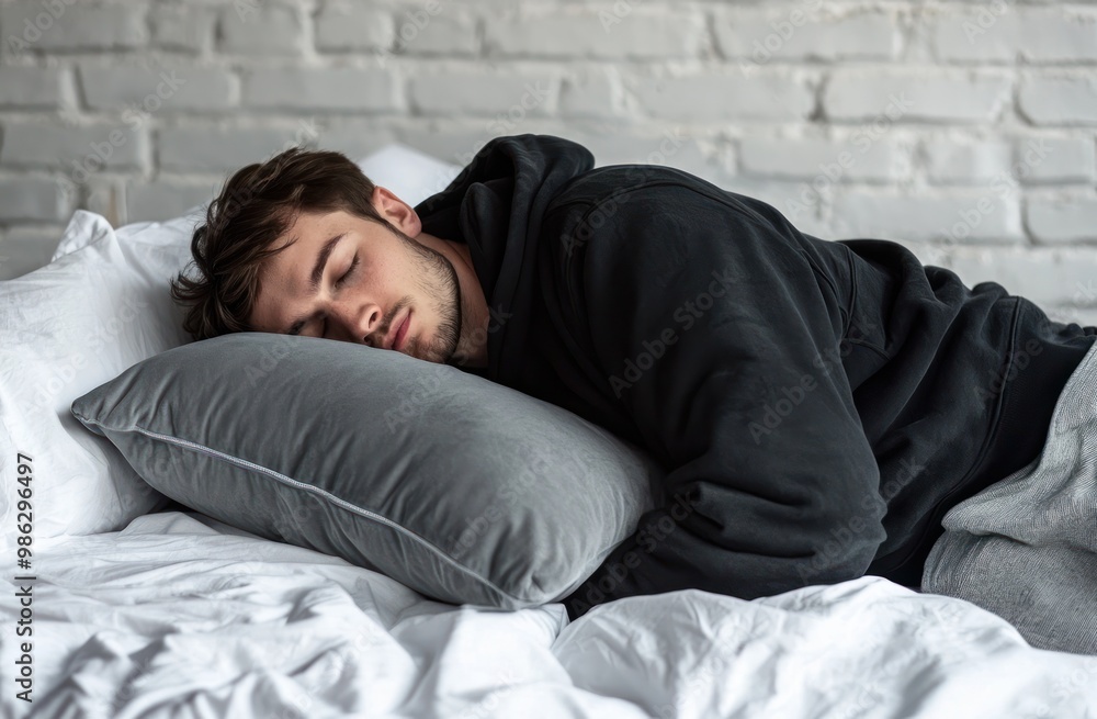 A man is sleeping on his side with a stuffed animal and a pillow. He is wearing gray pajamas with a hood, against a white background. Advertising stock photo. Close-up of both hands holding a pillow A man is sleeping on his side with a stuffed animal and a pillow. He is wearing gray pajamas with a hood, against a white background. Advertising stock photo. Close-up of both hands holding a pillow