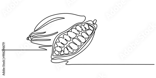 Single continuous line drawing of whole healthy organic cocoa bean for plantation logo identity. Fresh cacao concept for chocolate shop icon, Pro Vector
