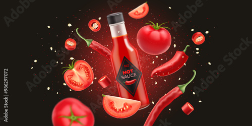 Hot chili pepper and tomato sauce bottle product ads with flying whole, piece and slice vegetables on dark background. Ketchup bottle realistic mockup.