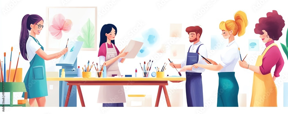 Professionals of different genders and ages working with art supplies, bright watercolor effects, colorful creative workspace Professionals of different genders and ages working with art supplies, bright watercolor effects, colorful creative workspace