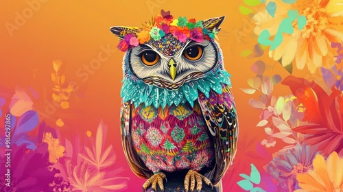 An owl in a vibrant, patterned outfit, perched gracefully on a bright background with room for party text, ideal for an elegant birthday celebration.