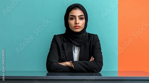 Wallpaper Mural Young Woman in Black Hijab Seated Against Colorful Backdrop Generative AI Torontodigital.ca