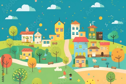 Cute Cartoon Illustration of a Small Town with Houses, Trees, and a Person