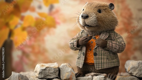 A beaver in a funky, quirky suit, building a dam on a bright background with space for birthday party details and announcements. photo