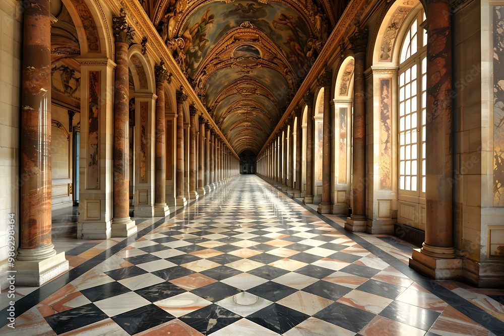 Checkerboard Floor in a Grand Hallway With Columns Checkerboard Floor in a Grand Hallway With Columns