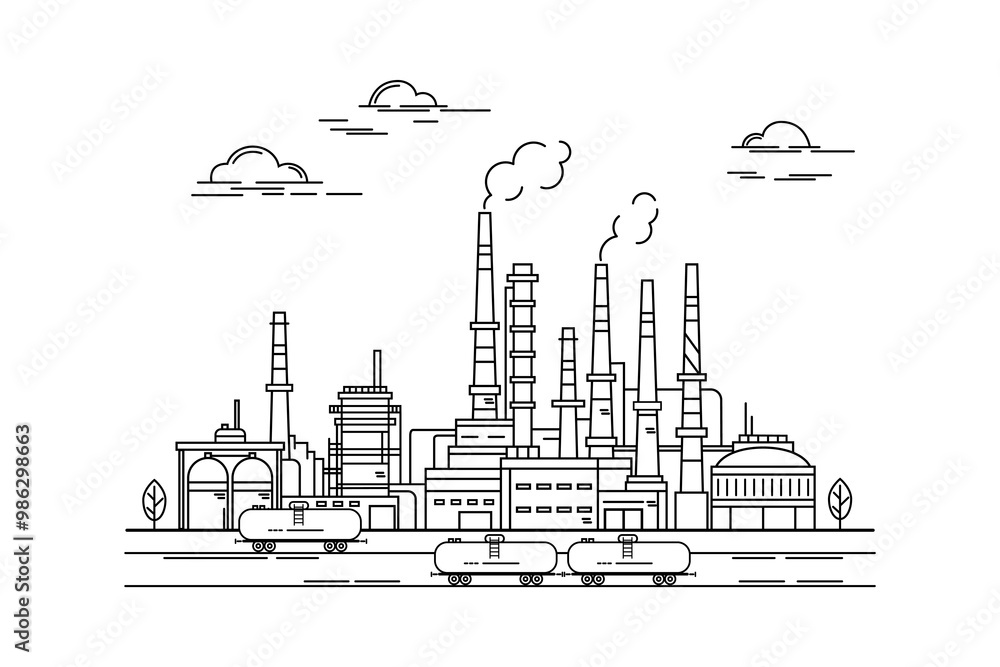 Oil refinery, factory, railway tanks, industrial plant, industrial landscape with clouds and trees. Outline drawing, linear sketch on white background. Oil refinery, factory, railway tanks, industrial plant, industrial landscape with clouds and trees. Outline drawing, linear sketch on white background.