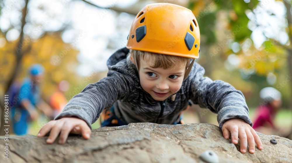 An Asian boy wearing a climbing helmet and safety equipment is on a rock wall in an outdoor playground, with other people blurred in the background. The image has a banner on the left side with space