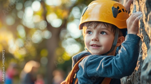 An Asian boy wearing a climbing helmet and safety equipment is on a rock wall in an outdoor playground, with other people blurred in the background. The image has a banner on the left side with space