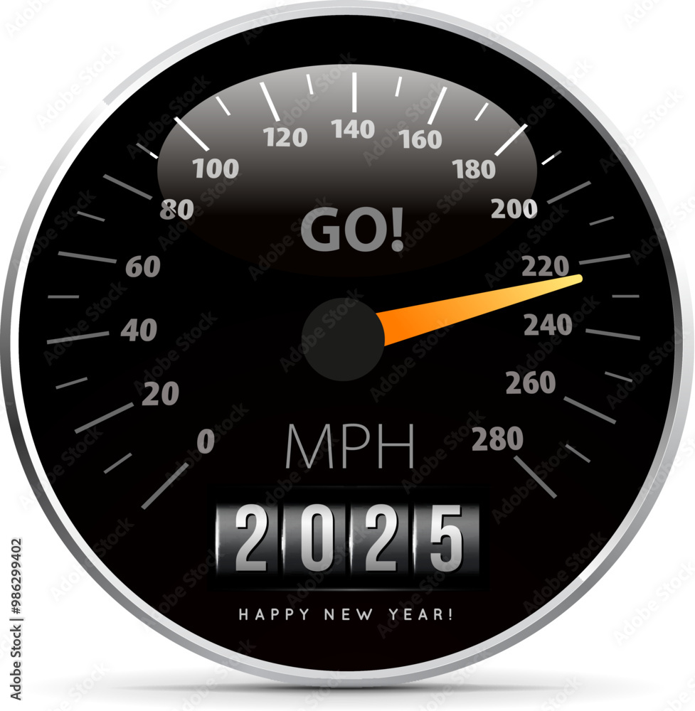 Congratulations on the New Year 2025 on the background of the speedometer counter. Vector illustration isolated on white background Congratulations on the New Year 2025 on the background of the speedometer counter. Vector illustration isolated on white background