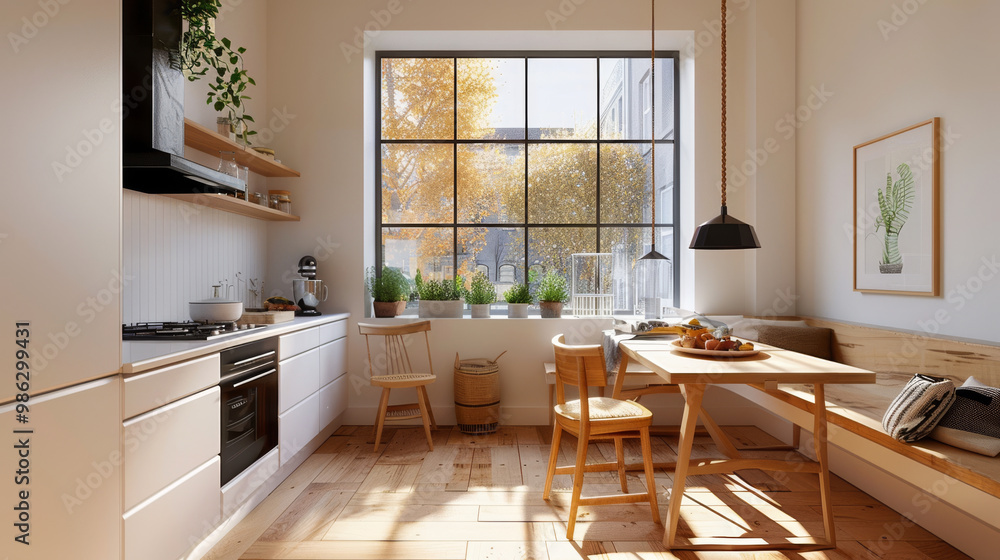 Fototapeta premium Bright kitchen with mix of white and wooden elements, featuring cozy dining area and large windows that let in natural light, creating warm and inviting atmosphere