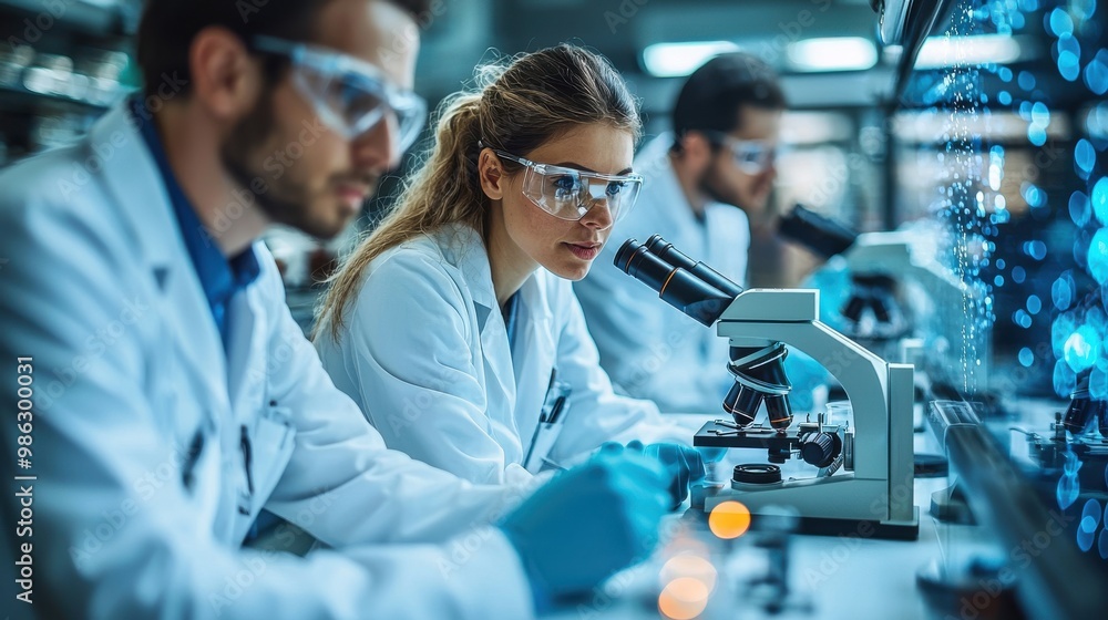Scientists Analyzing Samples Under Microscope in Laboratory Scientists Analyzing Samples Under Microscope in Laboratory