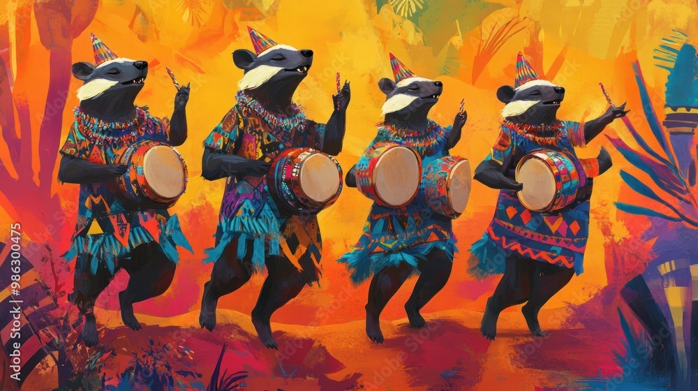 A group of badgers in brightly patterned African-inspired outfits, dancing to drums in the savanna, with space for birthday details on a bold, colorful background. A group of badgers in brightly patterned African-inspired outfits, dancing to drums in the savanna, with space for birthday details on a bold, colorful background.
