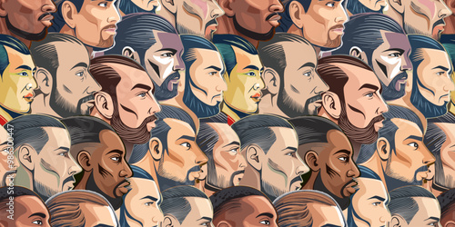 Seamless template of many different nationalities profile of a man. People of different skin colors. Men banner, background, men's day. Vector illustration