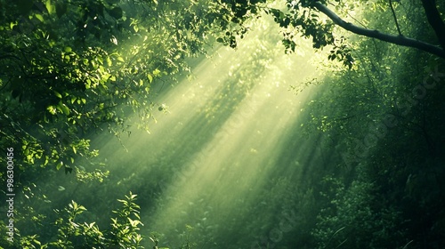 Sunlight Beams Through Dense Green Forest Foliage