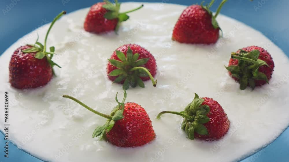 Strawberries with green leaves in cream on a blue plate on a blue background rotating in a circle. Medium shot. Strawberries with green leaves in cream on a blue plate on a blue background rotating in a circle. Medium shot.
