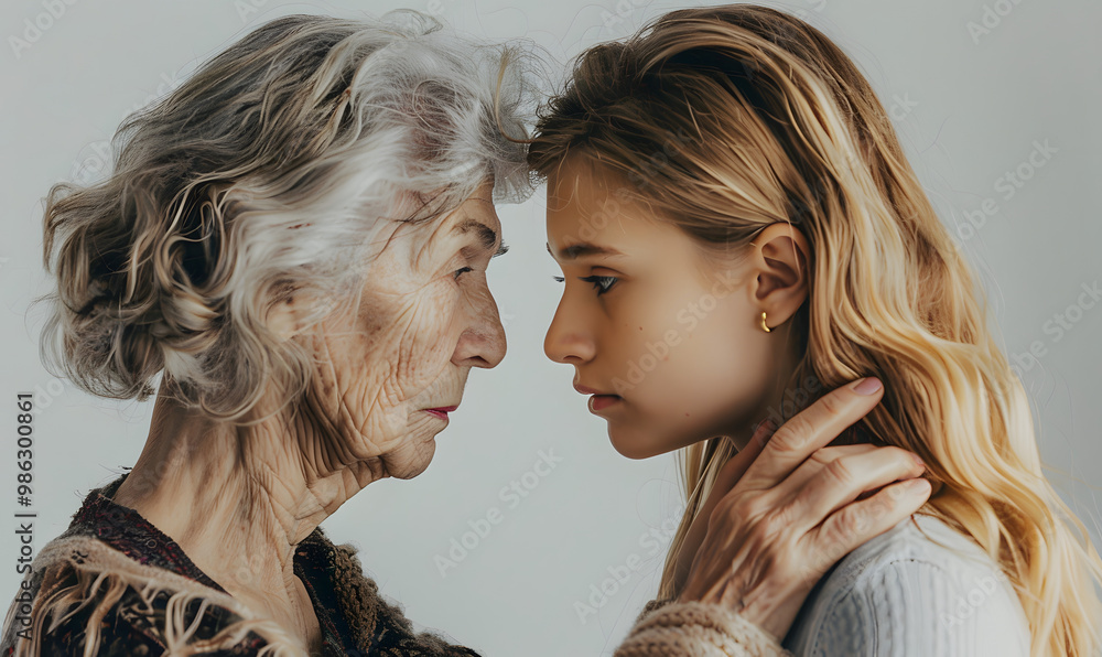 an old woman with gray hair and a young woman facing each other and holding hands an old woman with gray hair and a young woman facing each other and holding hands