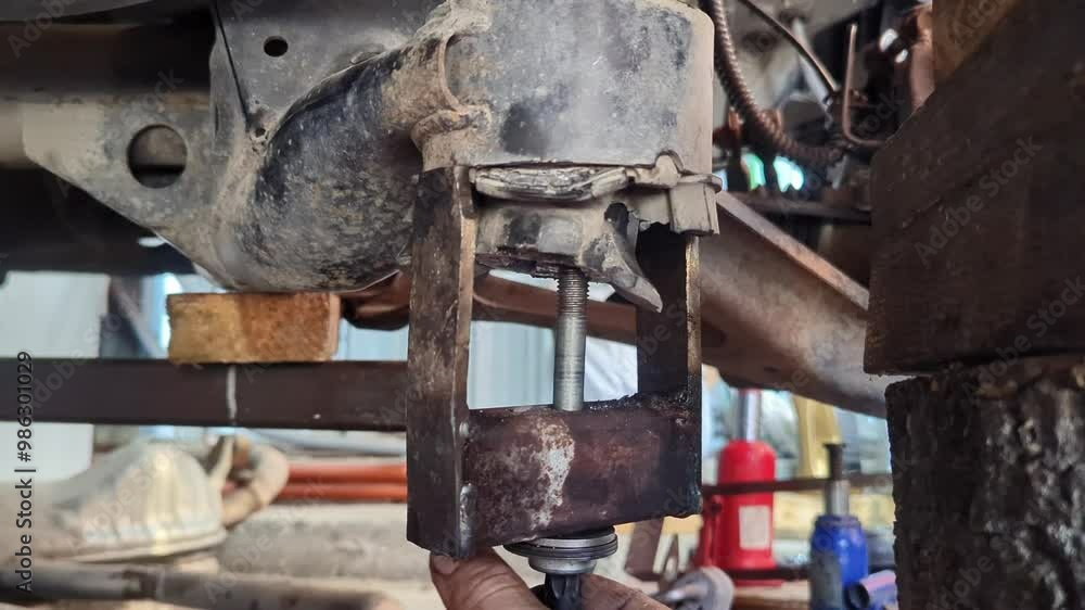 Homemade tool for pressing and extracting suspension bushings from a car's suspension system in a garage. Homemade tool for pressing and extracting suspension bushings from a car's suspension system in a garage.