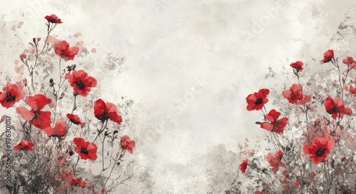 Delicate red flowers bloom against a soft textured background in a serene art...