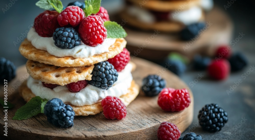 Fresh berries on a rice cake topped with cream and mint served on a gray background Fresh berries on a rice cake topped with cream and mint served on a gray background