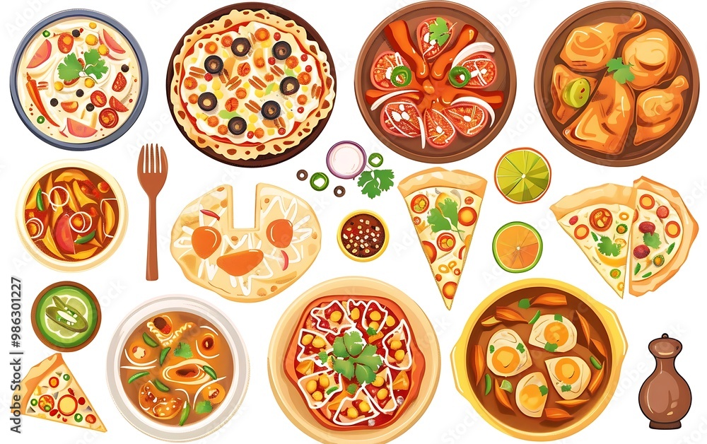 Set of different pizzas isolated on white background. Set of different pizzas isolated on white background.