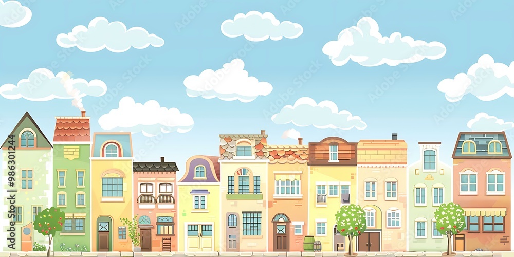 Cartoon Illustration Of A Colorful Row Of Houses In A Town Cartoon Illustration Of A Colorful Row Of Houses In A Town