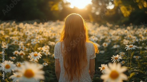 A woman with long hair stands in a field of daisies during sunset, enjoying t...