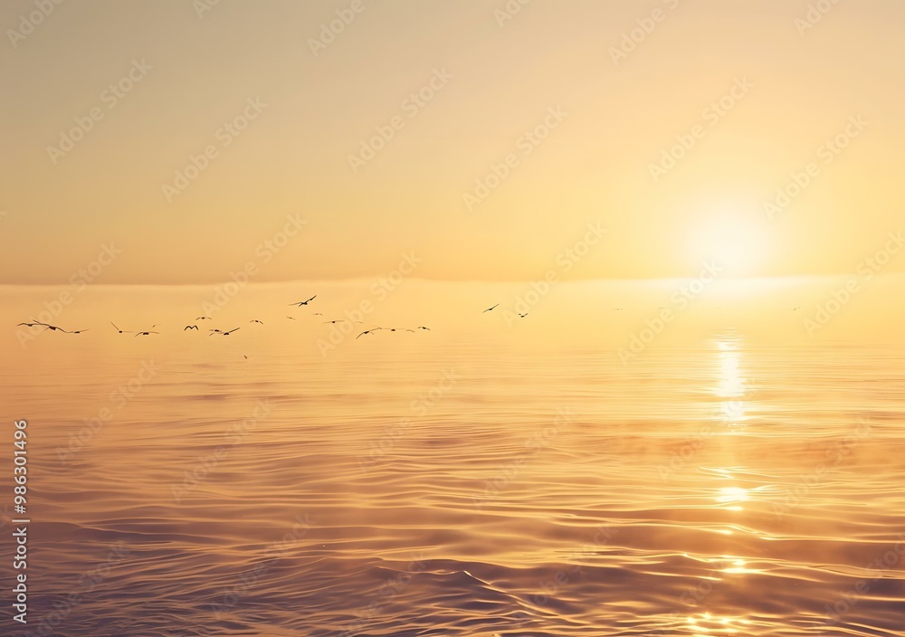 Golden Sunrise Over Calm Sea With Birds Flying Golden Sunrise Over Calm Sea With Birds Flying