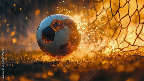 A glowing soccer ball bursts into the net during an exciting match under stad...