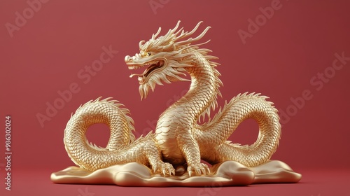 Golden dragon sculpture on a vibrant red background with an elegant, intricat...