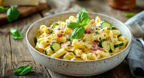 Delicious creamy penne pasta with zucchini and crispy bacon, served in a rustic bowl