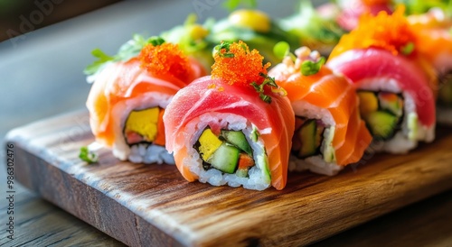 Colorful sushi rolls on a wooden platter with fresh ingredients arranged attr...