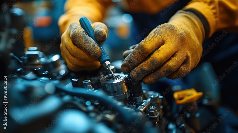 Mechanic Working on an Engine with a Screwdriver Mechanic Working on an Engine with a Screwdriver