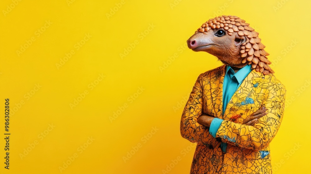 Obraz premium A man in a yellow suit with a lizard head and a blue shirt