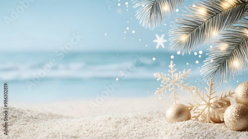 A serene beach scene adorned with palm branches, festive decorations, and twinkling lights, blending holiday spirit with a tropical atmosphere.
