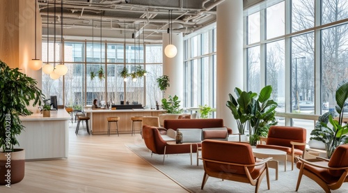 Bright and modern cafe interior with large windows and cozy seating arrangements