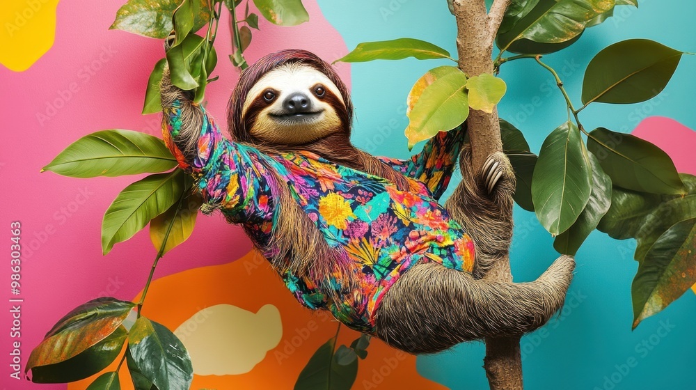 A colorful sloth is hanging from a tree branch A colorful sloth is hanging from a tree branch