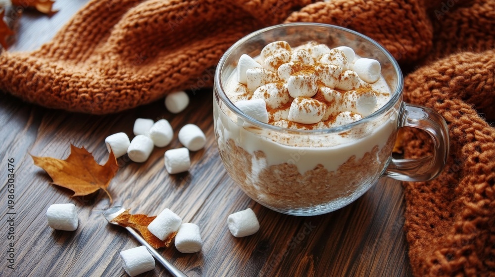 Cozy mugs of hot chocolate topped with marshmallows and surrounded by autumn leaves Cozy mugs of hot chocolate topped with marshmallows and surrounded by autumn leaves