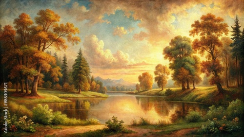 Vintage landscape canvas painting with beautiful stained colors in extra-large size