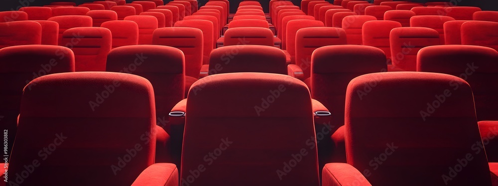 Obraz premium Red cinema or theater seats with armrests arranged in rows for watching movies. The movie screen is obscured from view, without people