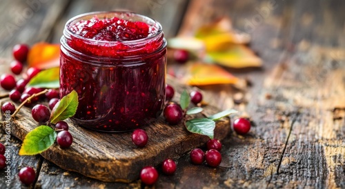 Freshly made cranberry jam in a jar on a rustic wooden table with autumn leaves