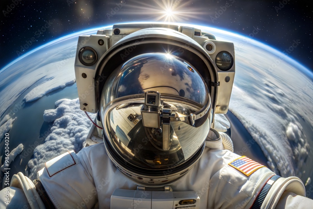 Astronaut taking selfie while orbiting earth in space Astronaut taking selfie while orbiting earth in space
