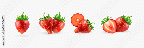 Realistic fresh red strawberry collection. Whole, half, slice and pieces berries on transparent background. 3D vector icons set.