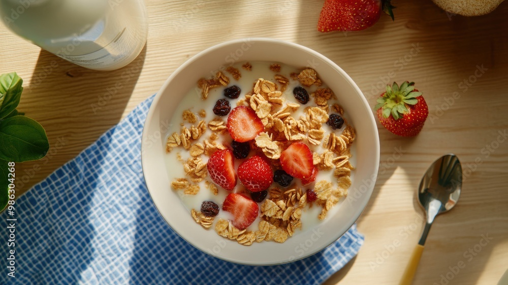 Breakfast cereal with raisin and milk Breakfast cereal with raisin and milk