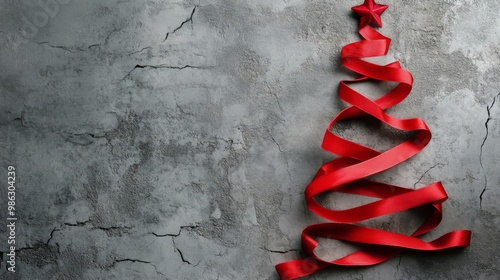 Creative arrangement of red ribbons and decorations resembling a Christmas tr...