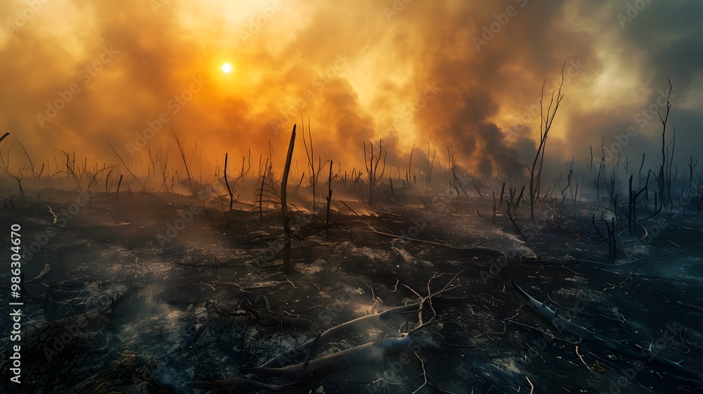 Fiery twilight beneath threatening skies, Wildfire and smoke's devastating dance. Fiery twilight beneath threatening skies, Wildfire and smoke's devastating dance.