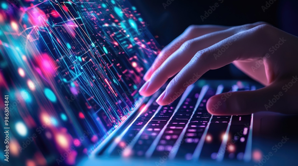 A close-up of a hand typing on a laptop keyboard with an abstract digital background, featuring glowing lines and data patterns, emphasizing technology and connectivity. A close-up of a hand typing on a laptop keyboard with an abstract digital background, featuring glowing lines and data patterns, emphasizing technology and connectivity.